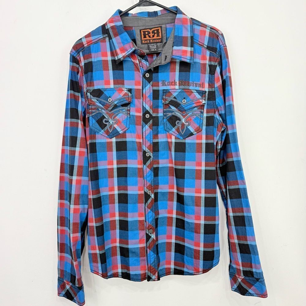 Rock Revival Taylor Plaid Red Blue Double Pocket Button Down Long Sleeve Shirt